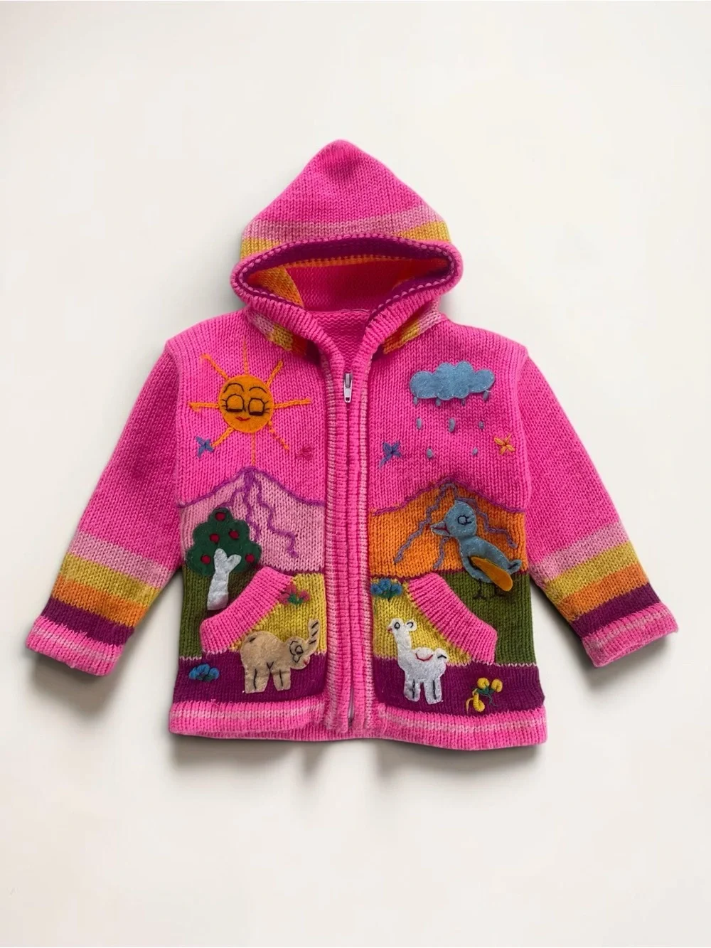 HANDMADE Neon Folk Art Storybook Landscape Hooded Knit Zip Up Cardigan